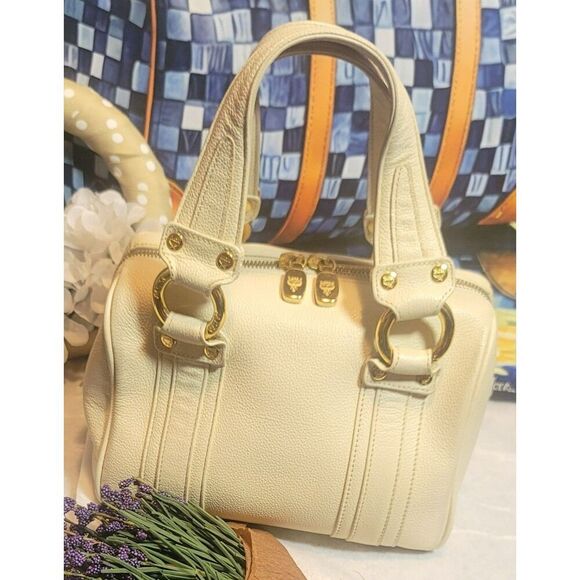 MCM - Creamy White Pebbled Leather Mini Boston w/ Gold Hardware - Picture 2 of 12